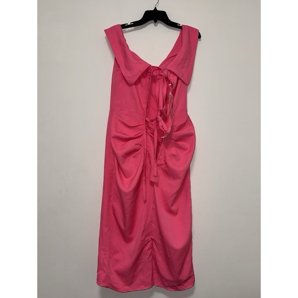 Hot Pink Off Shoulder Wrap Dress Midi Knee Length Ruffle Side Tie Party Cocktail - Picture 12 of 16